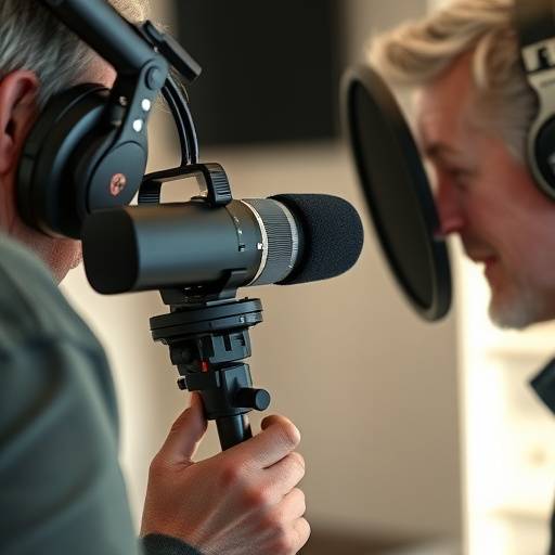 Photo de l'intervenant principal, Luc Besson, tenant un micro perche pendant un enregistrement sonore