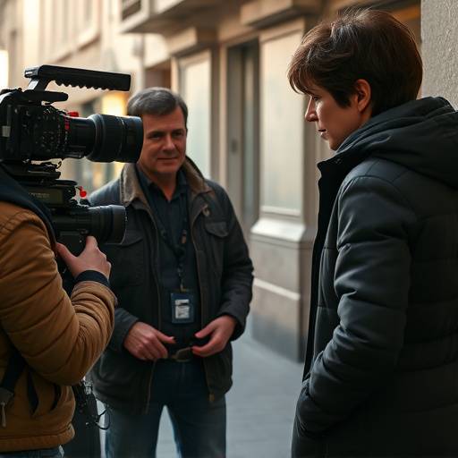 Photo de l'intervenante principale, Juliette Binoche, discutant avec une équipe de tournage sur un lieu de tournage